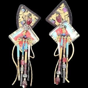 Vintage Artisan 80s Multi Color Iridescent Earrings Mixed Media Statement